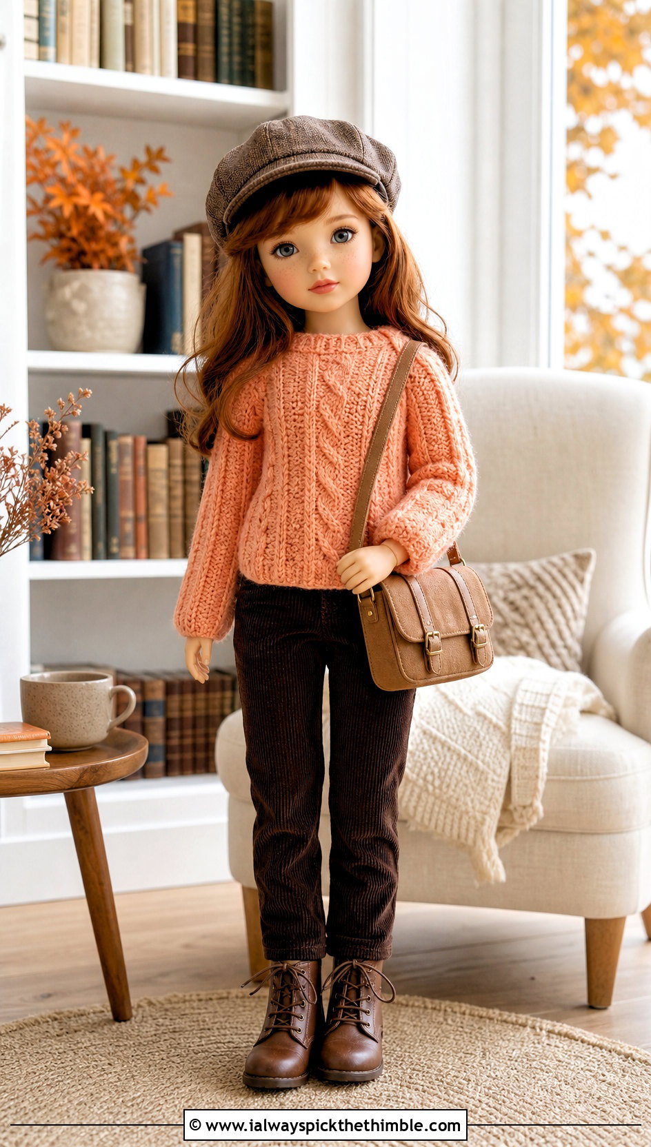 Cable Look Crochet Doll Sweater With Corduroy Pants - 25 crochet doll sweater outfit ideas