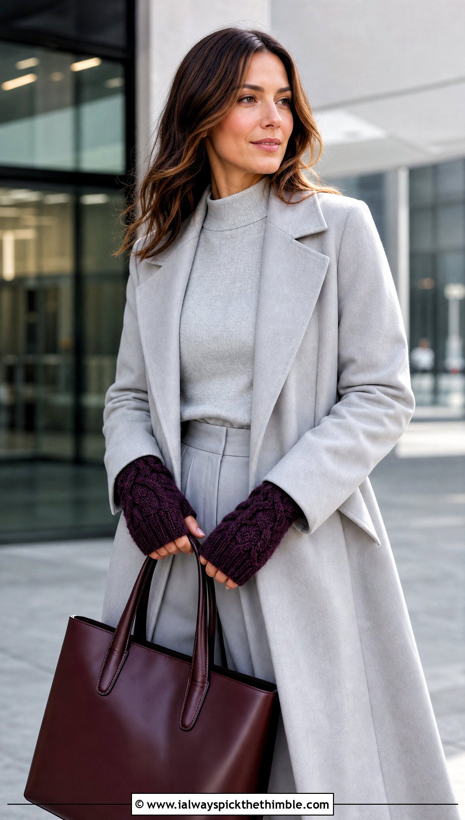 Cable Look Crochet Fingerless Gloves With Coat And Pleated Trousers - 15 Crochet Tipless Gloves outfit ideas