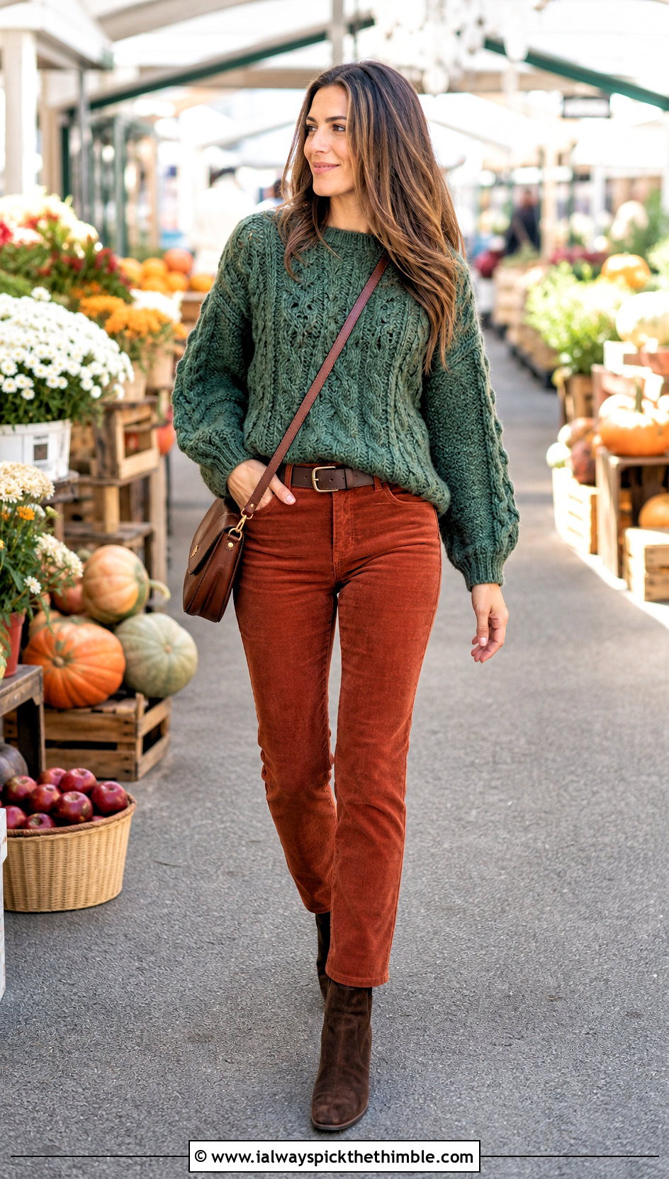 Cable Look Crochet Fluffy Sweater With Corduroy Pants - 25 crochet fluffy sweater outfit ideas