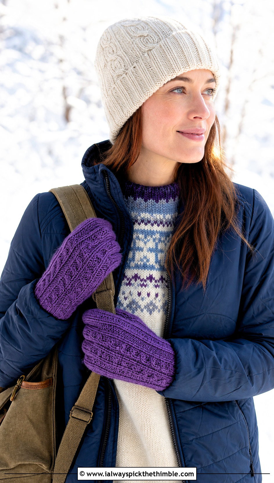 Cable Look Crochet Gloves With Fair Isle Sweater - 20 crocheted gloves outfit ideas
