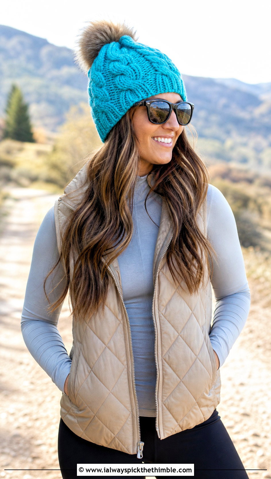 Cable Look Crochet Hat With Fur Pom Pom And Quilted Vest - 15 Crochet Hat With Fur Pom Pom outfit ideas