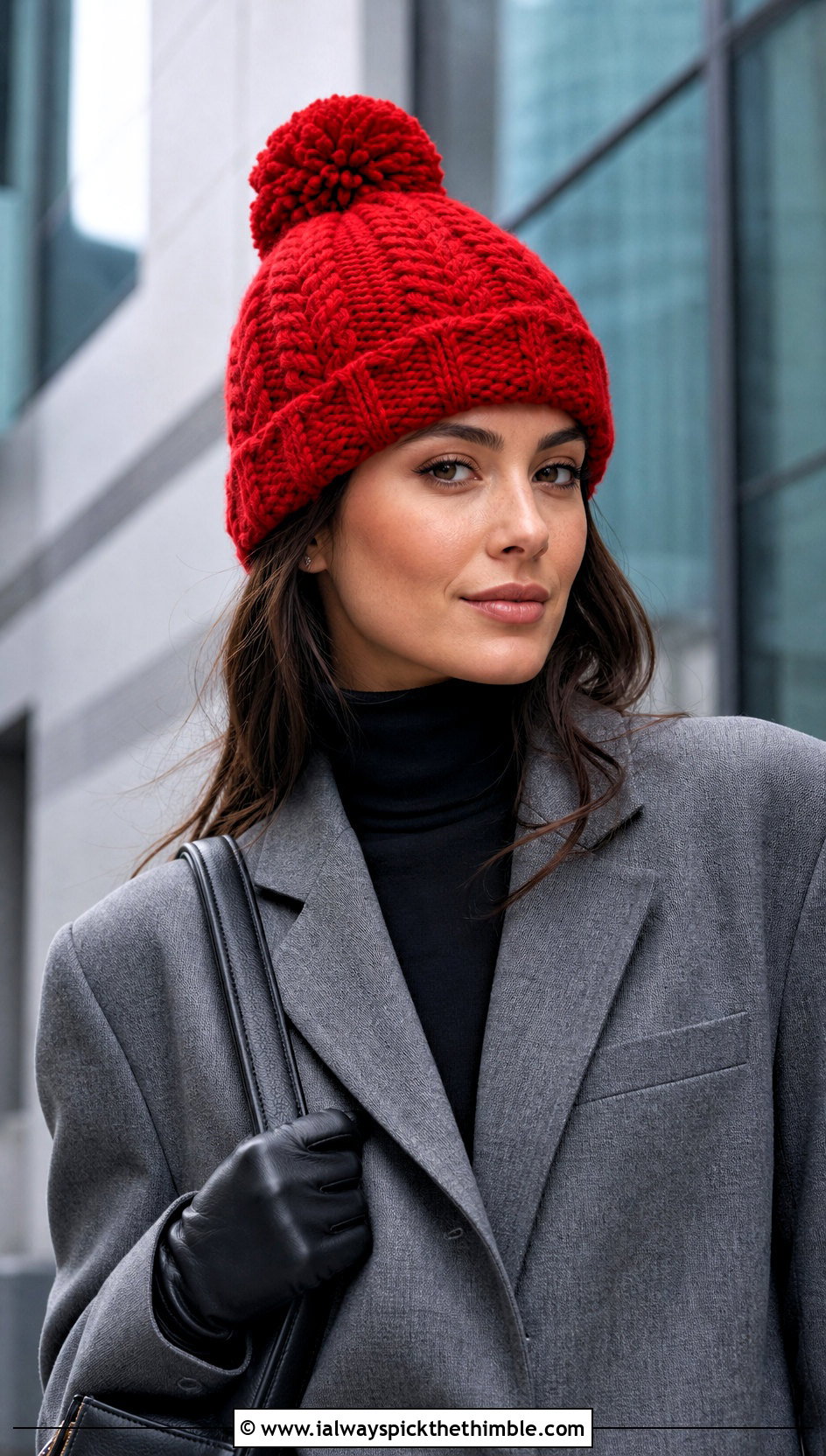 Cable Look Crochet Hat With Pom Pom And Tailored Blazer - 20 crochet hat with pom pom outfit ideas