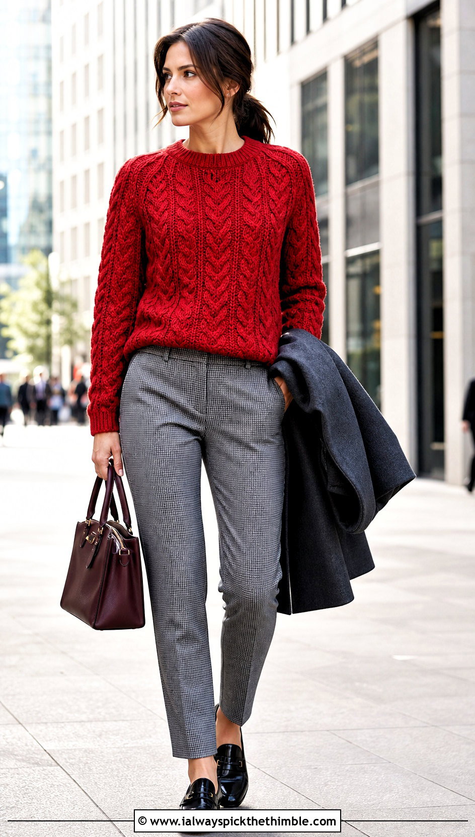 Cable Look Crochet Jumper With Checked Trousers - 25 easy crochet jumper outfit ideas