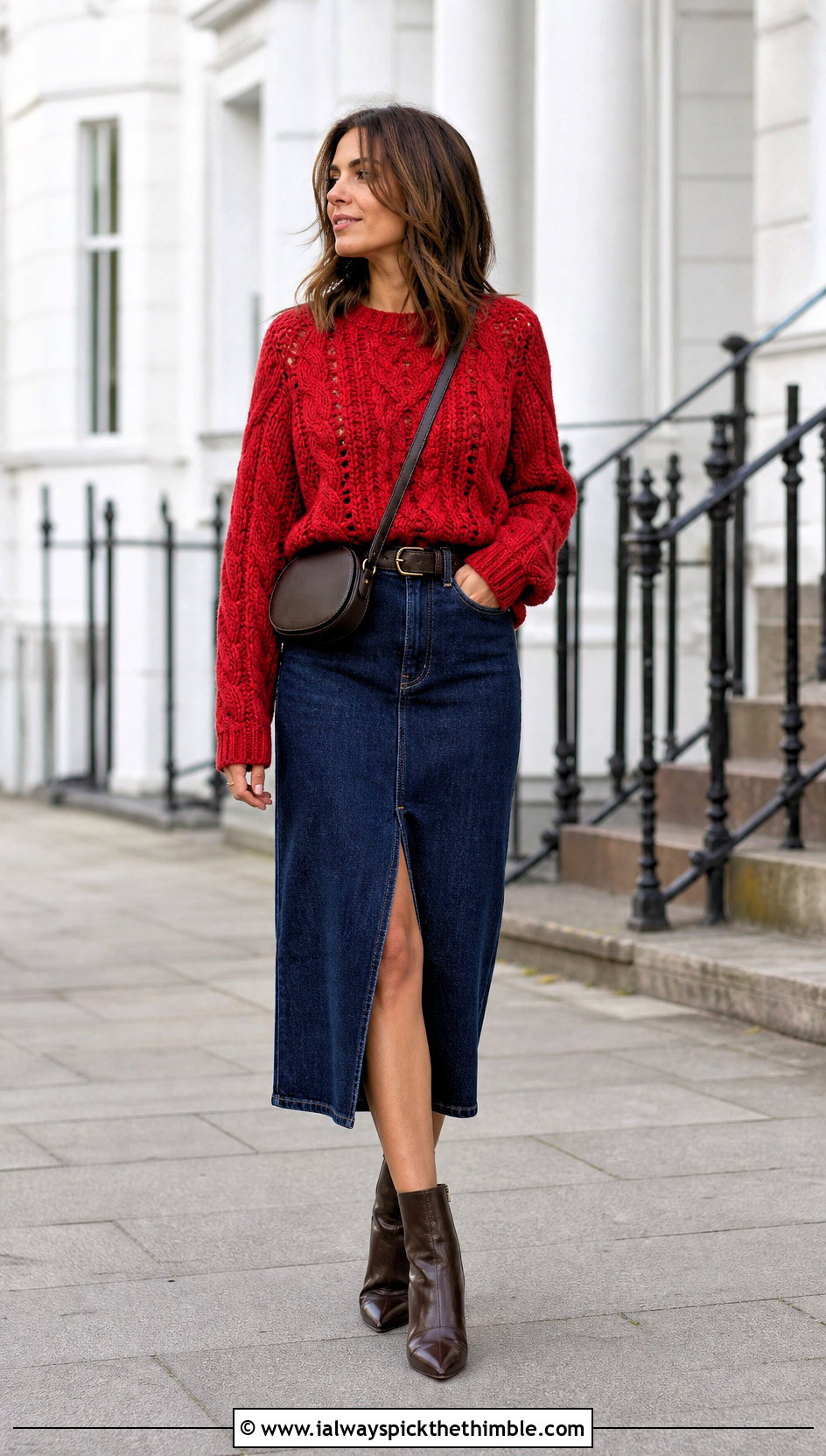 Cable Look Crochet Jumper With Denim Midi Skirt - 20 Cute Crochet Jumper outfit ideas