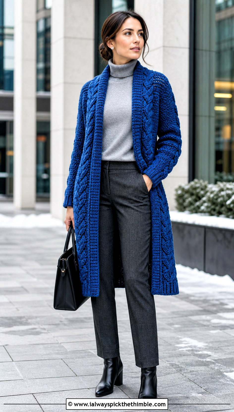 Cable Look Crochet Long Cardigan With Turtleneck And Trousers - 20 Easy Crochet Long Cardigan outfit ideas