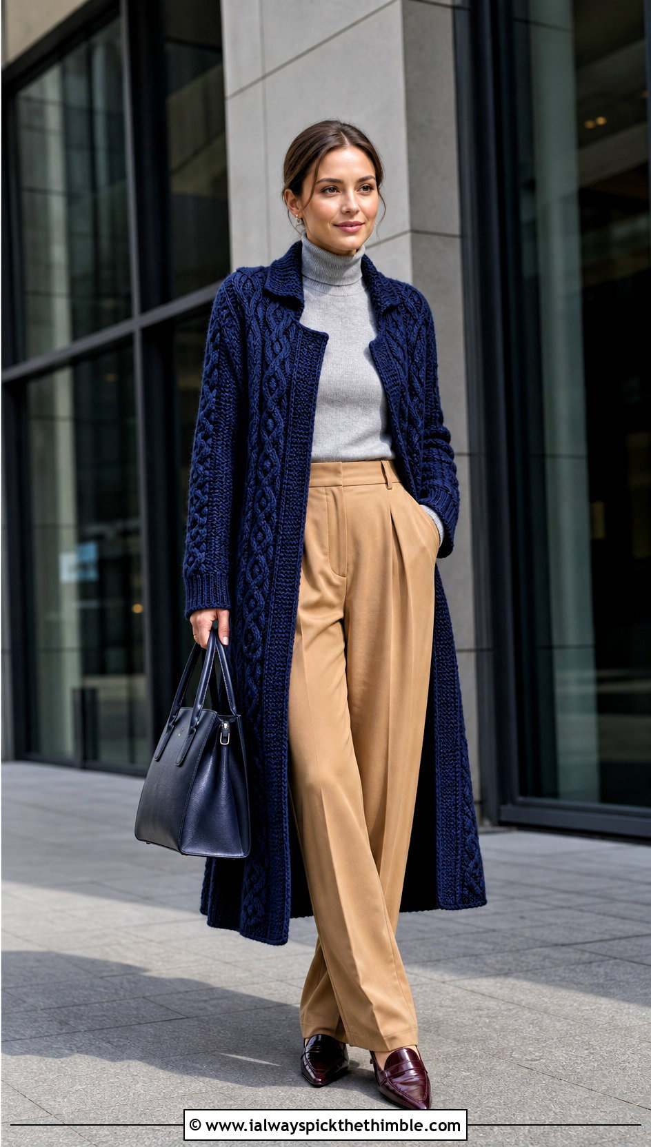Cable Look Crochet Long Coat With Pleated Trousers - 25 crochet long coat outfit ideas