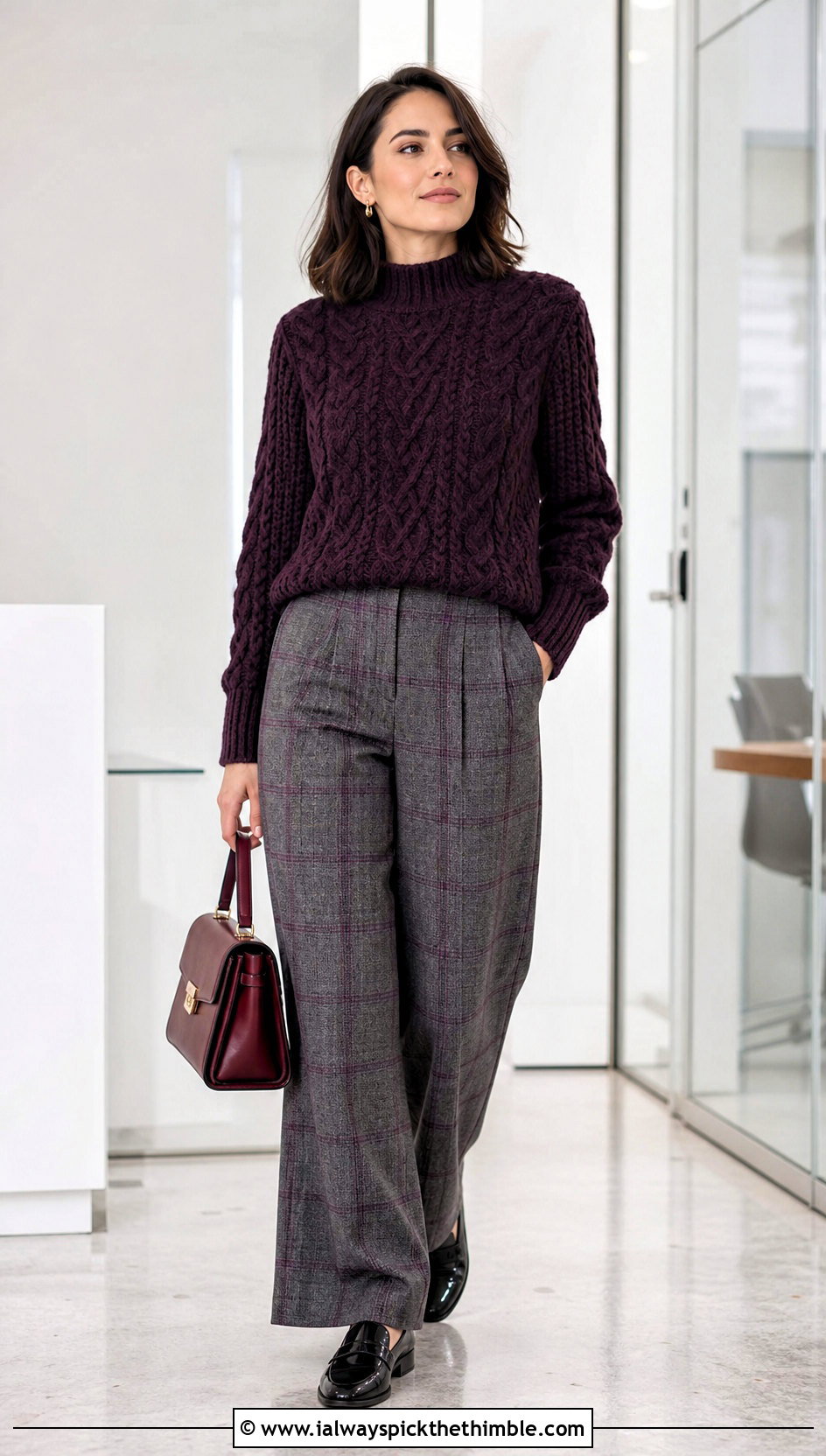 Cable Look Crochet Mock Neck Sweater With Plaid Trousers - 20 Autumn Crochet Sweater outfit ideas