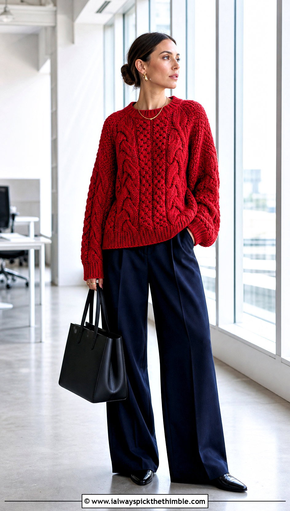 Cable Look Crochet Oversized Sweater With Wide Leg Trousers - 20 Easy Crochet Oversized Sweater outfit ideas