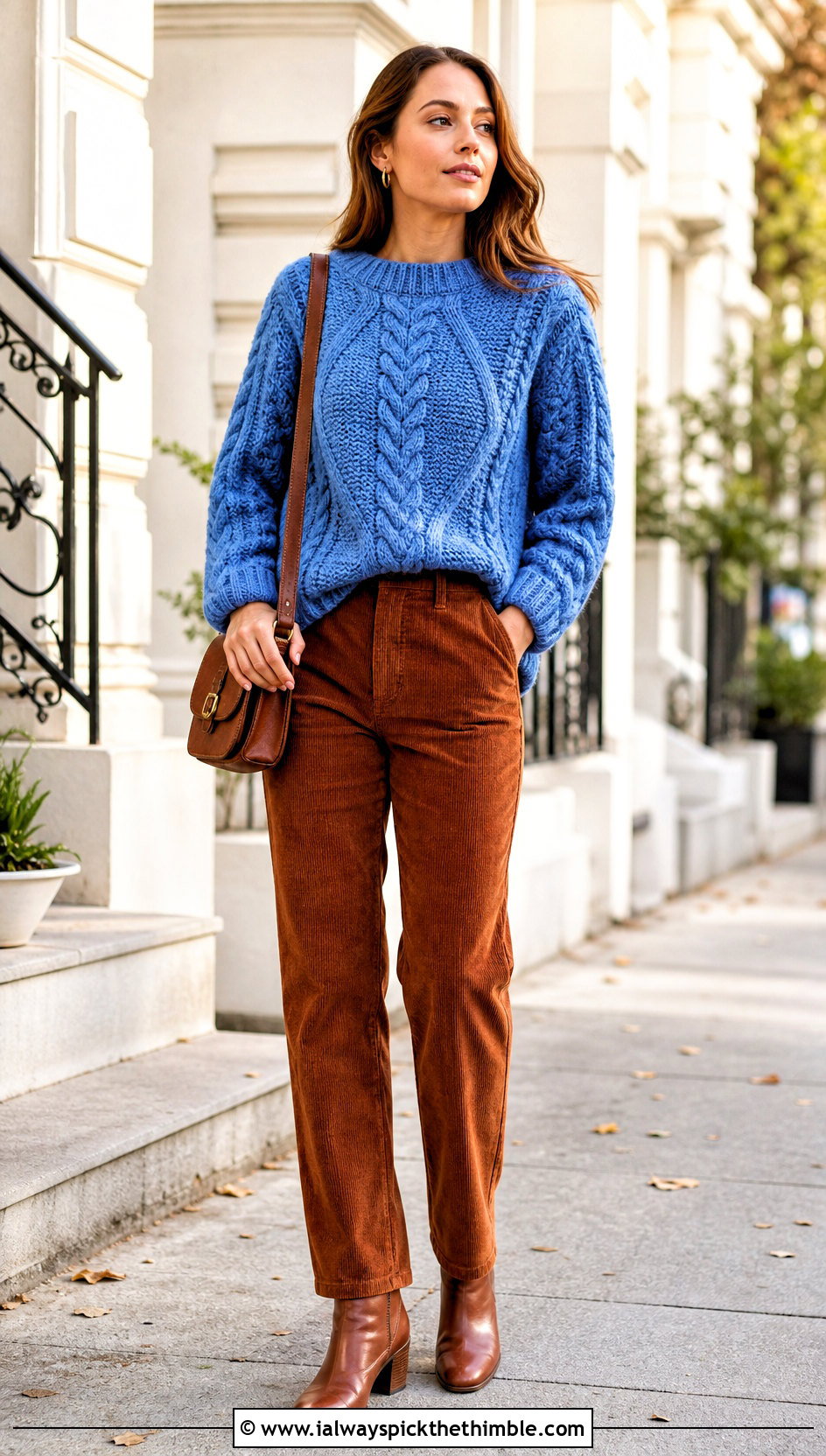 Cable Look Crochet Pullover With Corduroy Pants - 25 crochet pullover outfit ideas