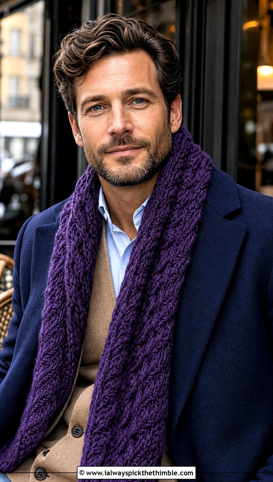 Cable Look Crochet Scarf With Cardigan And Trousers - 25 crochet scarf for men outfit ideas