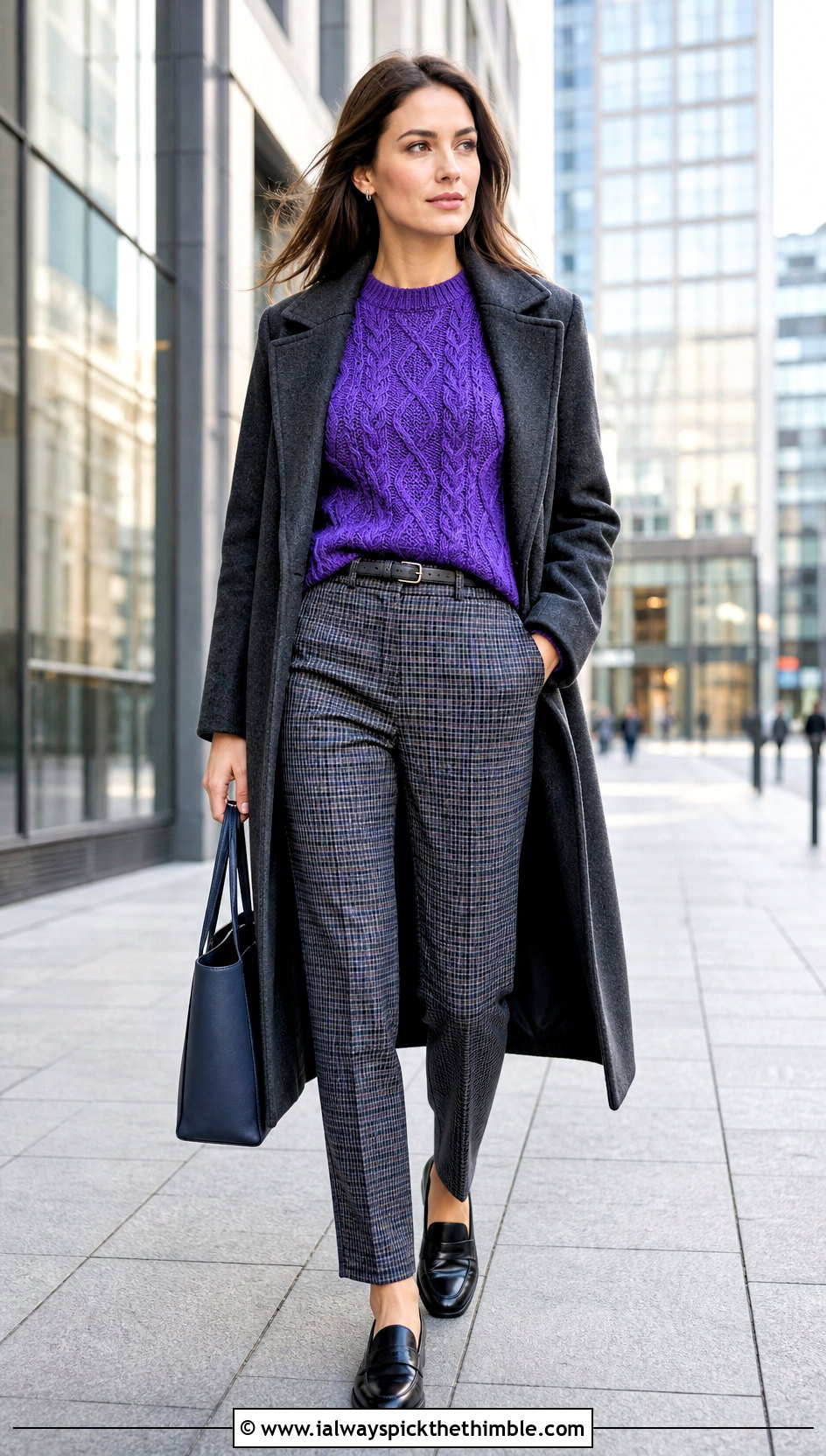 Cable Look Crochet Sweater With Checked Trousers - 25 crochet sweater design for women outfit ideas