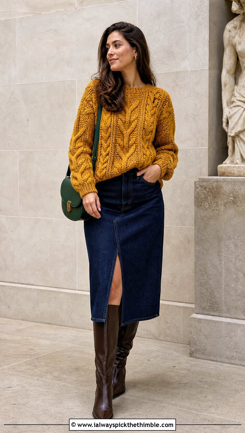 Cable Look Crochet Sweater With Denim Midi Skirt - 20 Woman Crochet Sweater outfit ideas