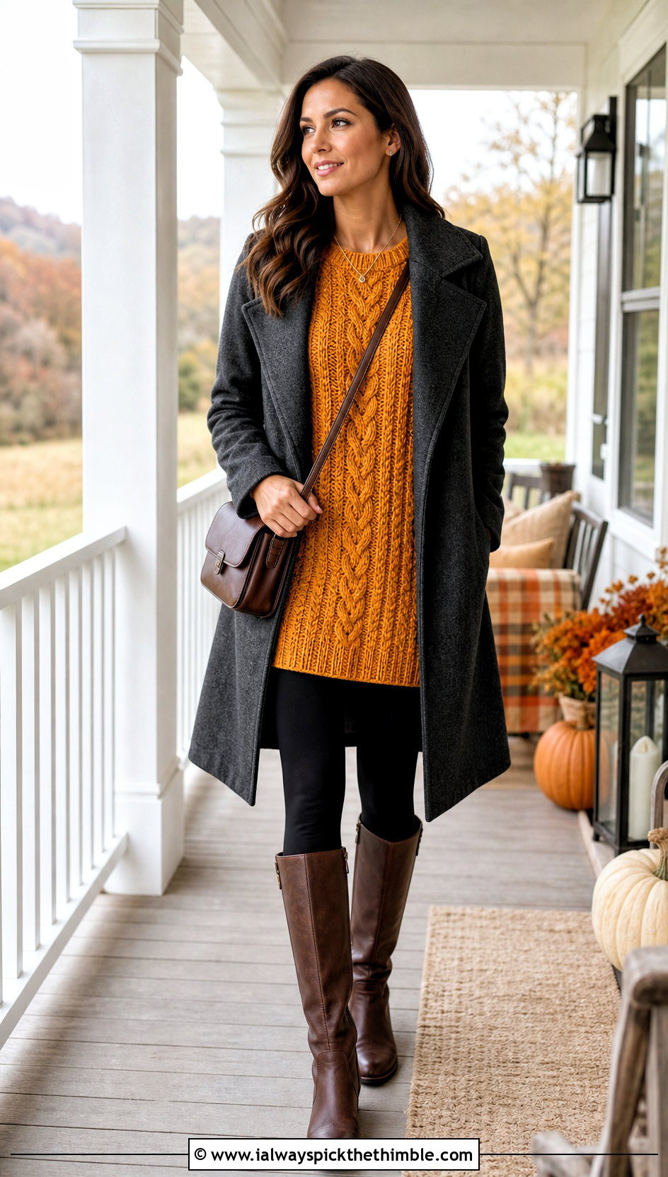 Cable Look Crochet Tunic Sweater With Leggings And Riding Boots - 20 Crochet Thanksgiving Sweater outfit ideas