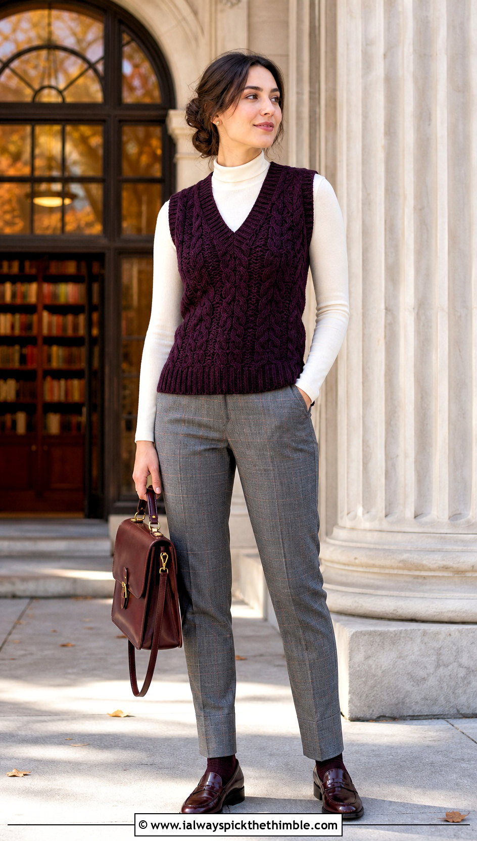 Cable Look Crochet Vest With Plaid Trousers - 15 modern crochet vest outfit ideas