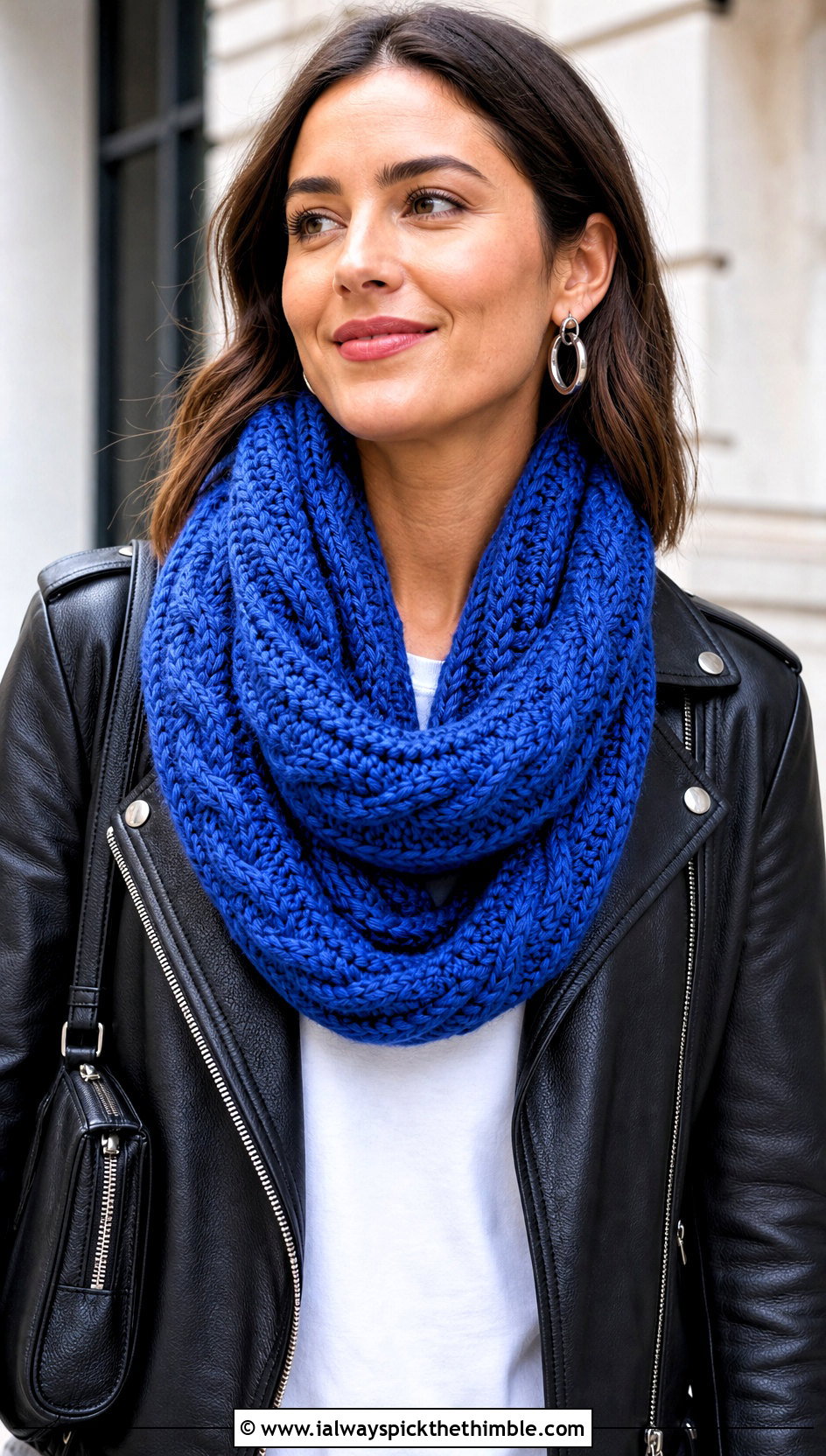 Cable Look Crocheted Infinity Scarf With Leather Jacket - 15 Easy Crocheted Infinity Scarf outfit ideas