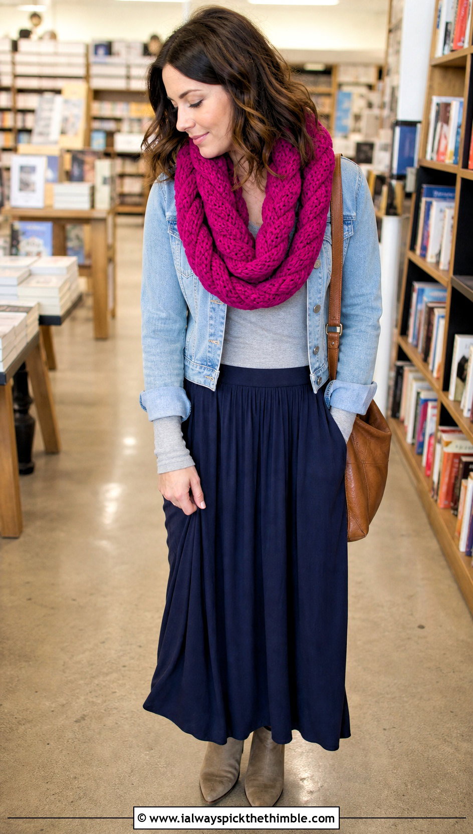 Cable Look Crocheted Infinity Scarf With Tee And Maxi Skirt - 20 Crocheted Infinity Scarf outfit ideas