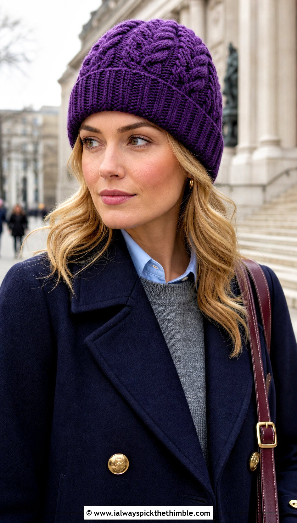 Cable Look Cuffed Crochet Beanie With Peacoat And Plaid Trousers - 15 Cuffed Crochet Beanie outfit ideas