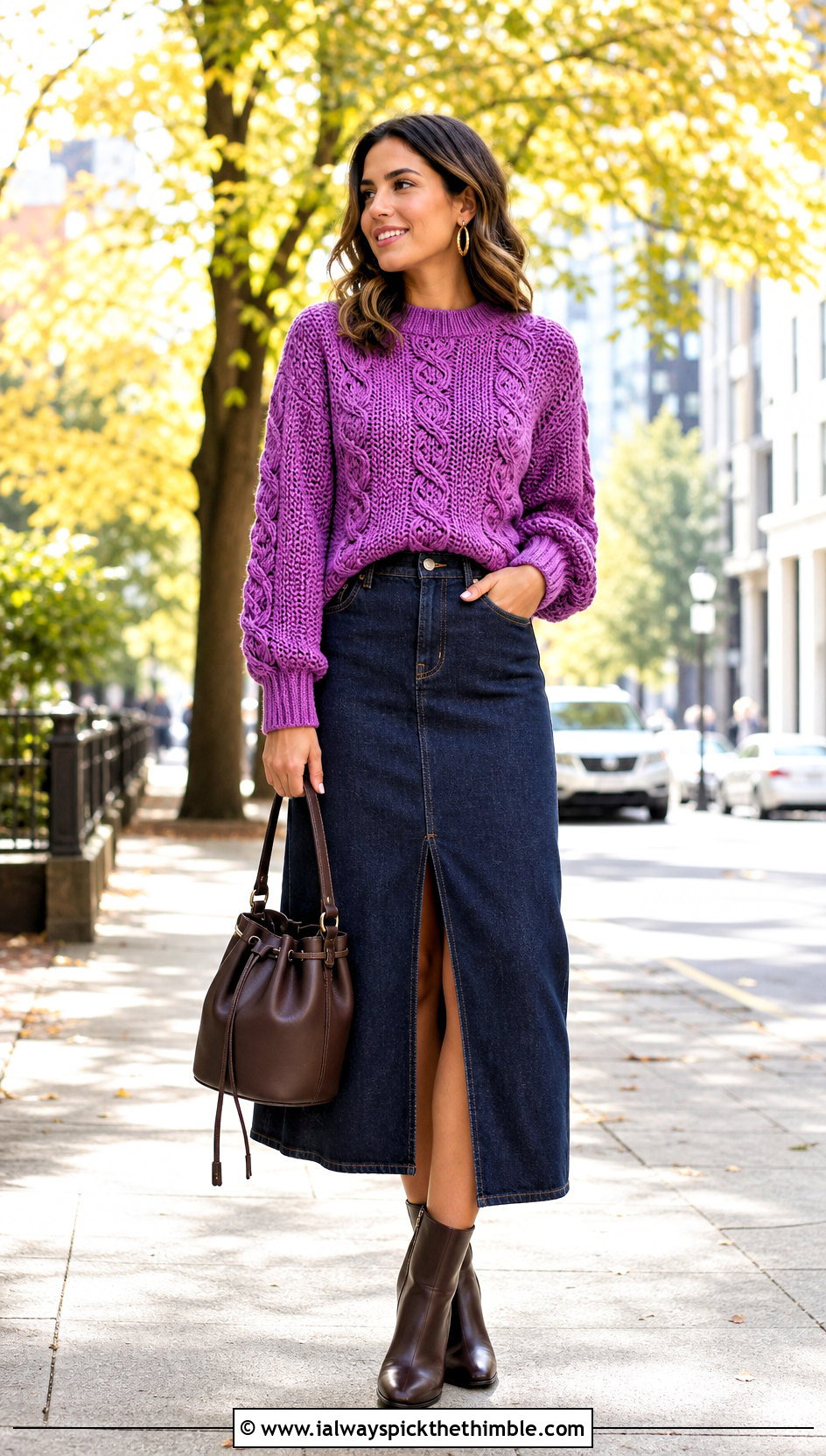 Cable Look Half Double Crochet Sweater With Denim Skirt - 20 half double crochet sweater outfit ideas