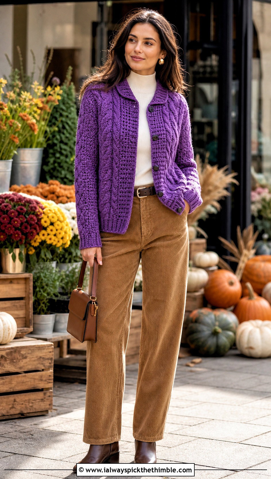 Cable Look Purple Crochet Cardigan With Corduroy Pants - 25 purple crochet cardigan outfit ideas