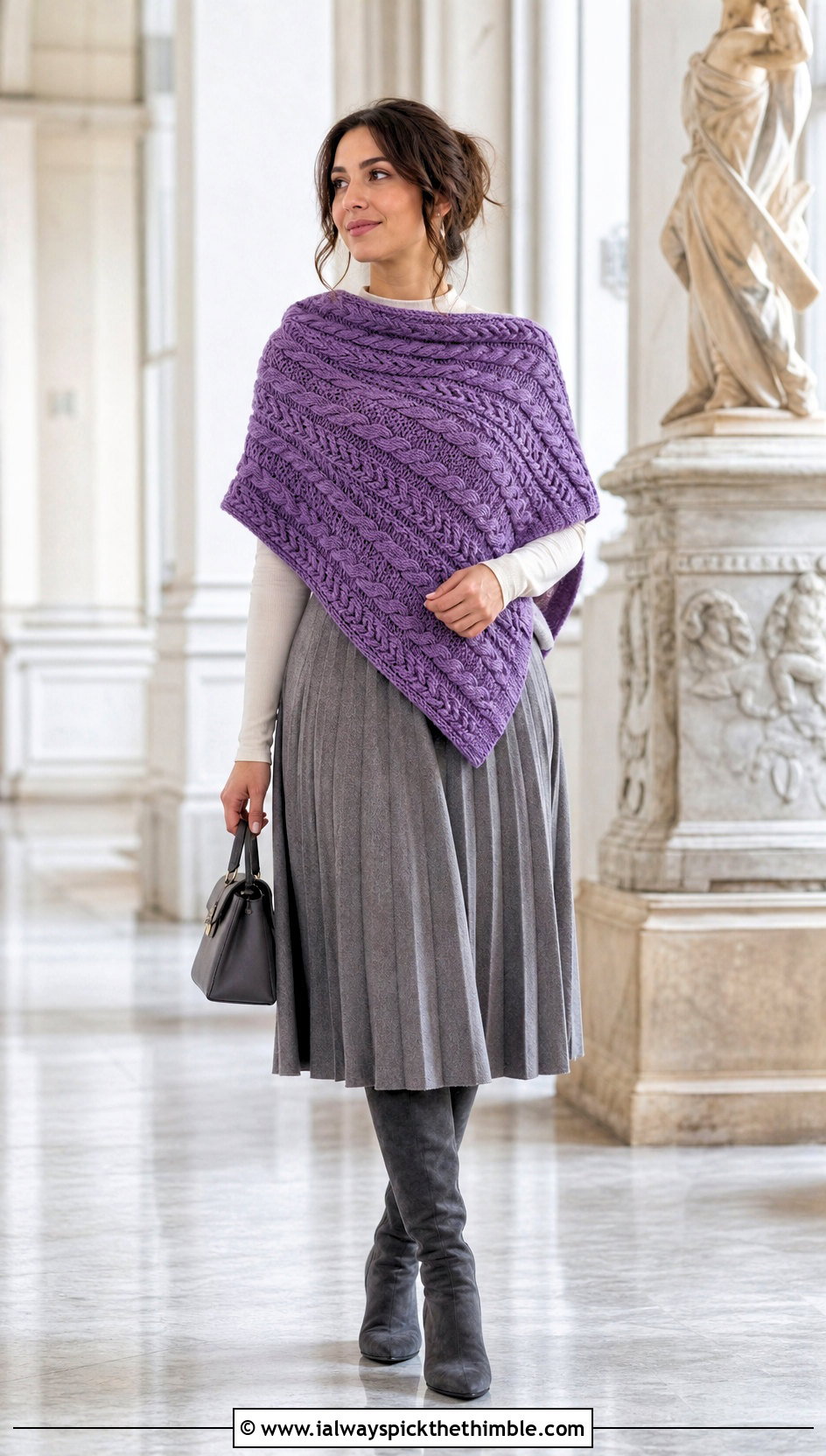 Cable Look Rectangle Poncho With Pleated Midi Skirt - 20 crochet rectangle poncho outfit ideas
