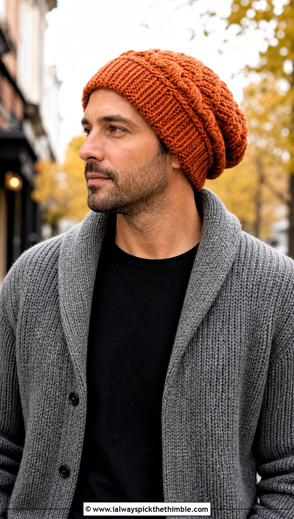 Cable Look Slouch Crochet Beanie With Cardigan - 20 Mens Slouch Crochet Beanie outfit ideas