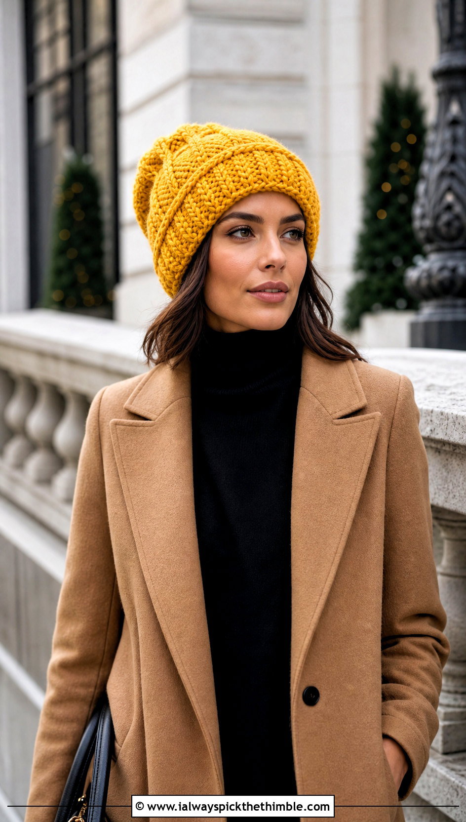 Cable Look Slouchy Crochet Beanie With Wool Coat - 20 Easy Slouchy Crochet Beanie outfit ideas