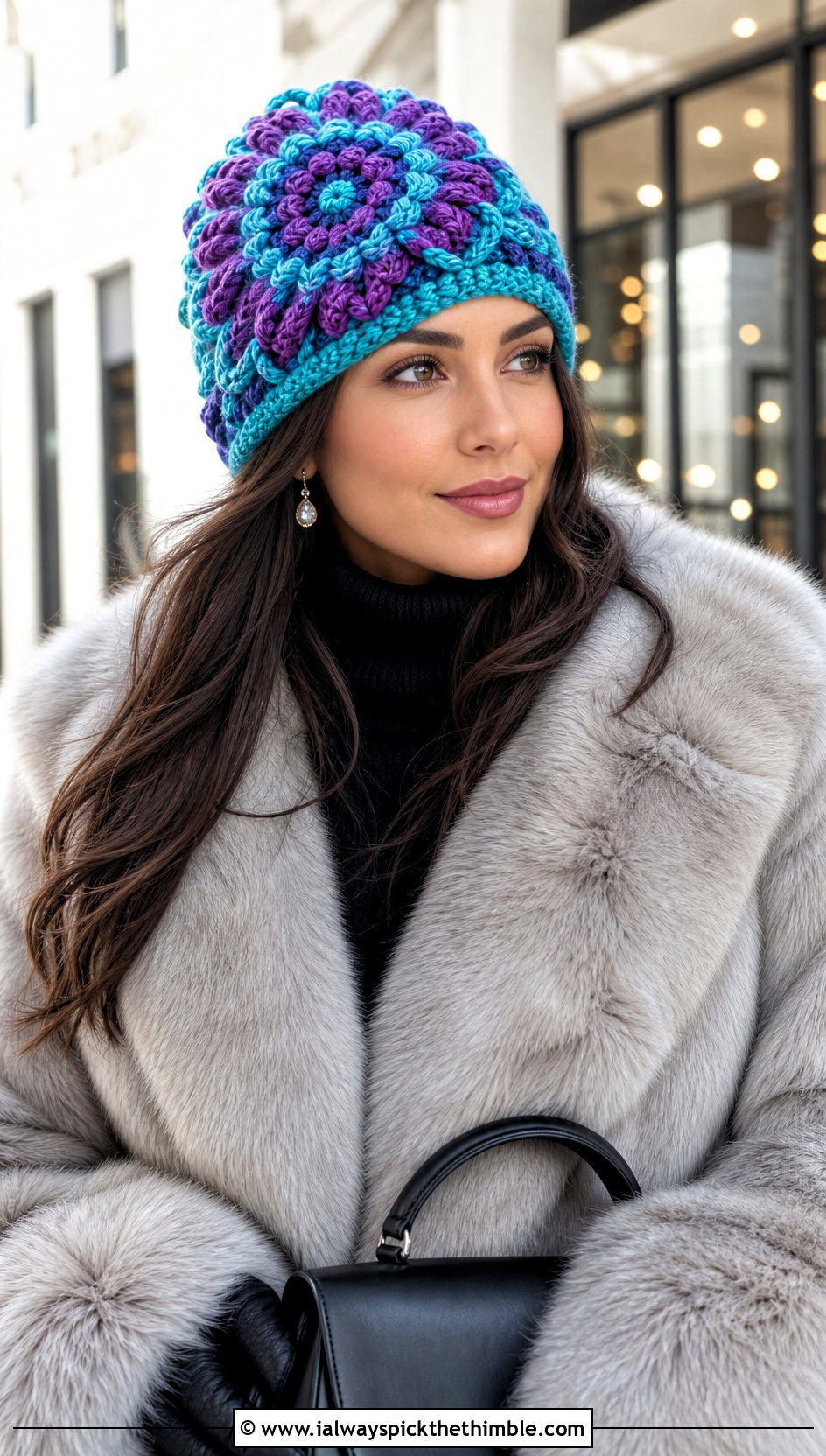 Cable Mandala Crochet Beanie With Faux Fur Coat - 20 Mandala Crochet Beanie outfit ideas