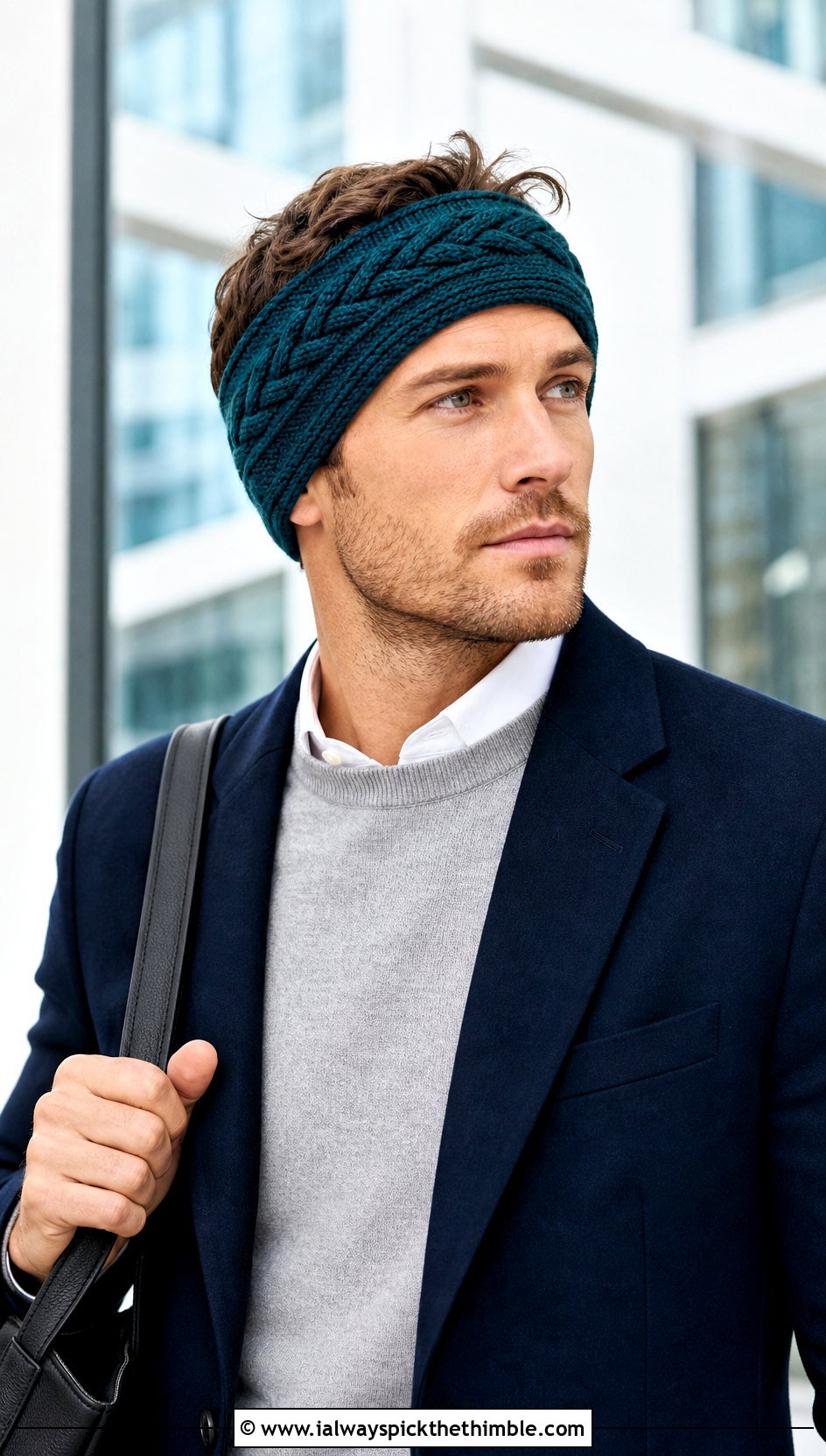 Cable Mens Crochet Ear Warmer With Office Blazer - 15 mens crochet ear warmer outfit ideas