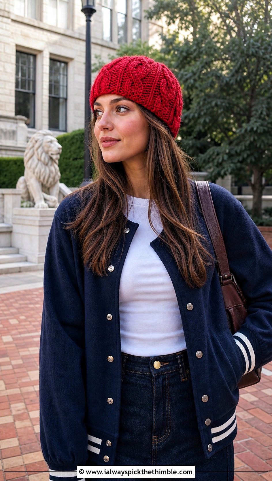 Cable Panel Crochet Beanie With Varsity Jacket And Denim Midi Skirt - 20 crochet cable beanie outfit ideas