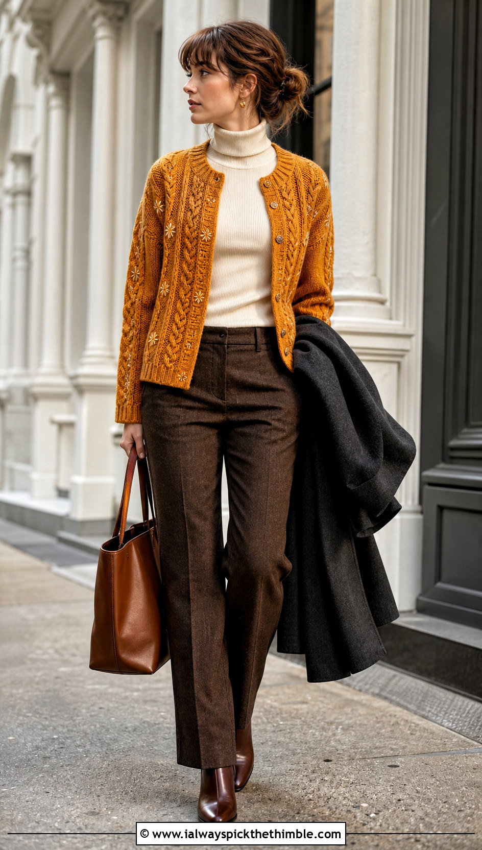 Cable Panel Folklore Crochet Cardigan With Wool Trousers - 20 Taylor Swift Folklore Crochet Cardigan outfit ideas