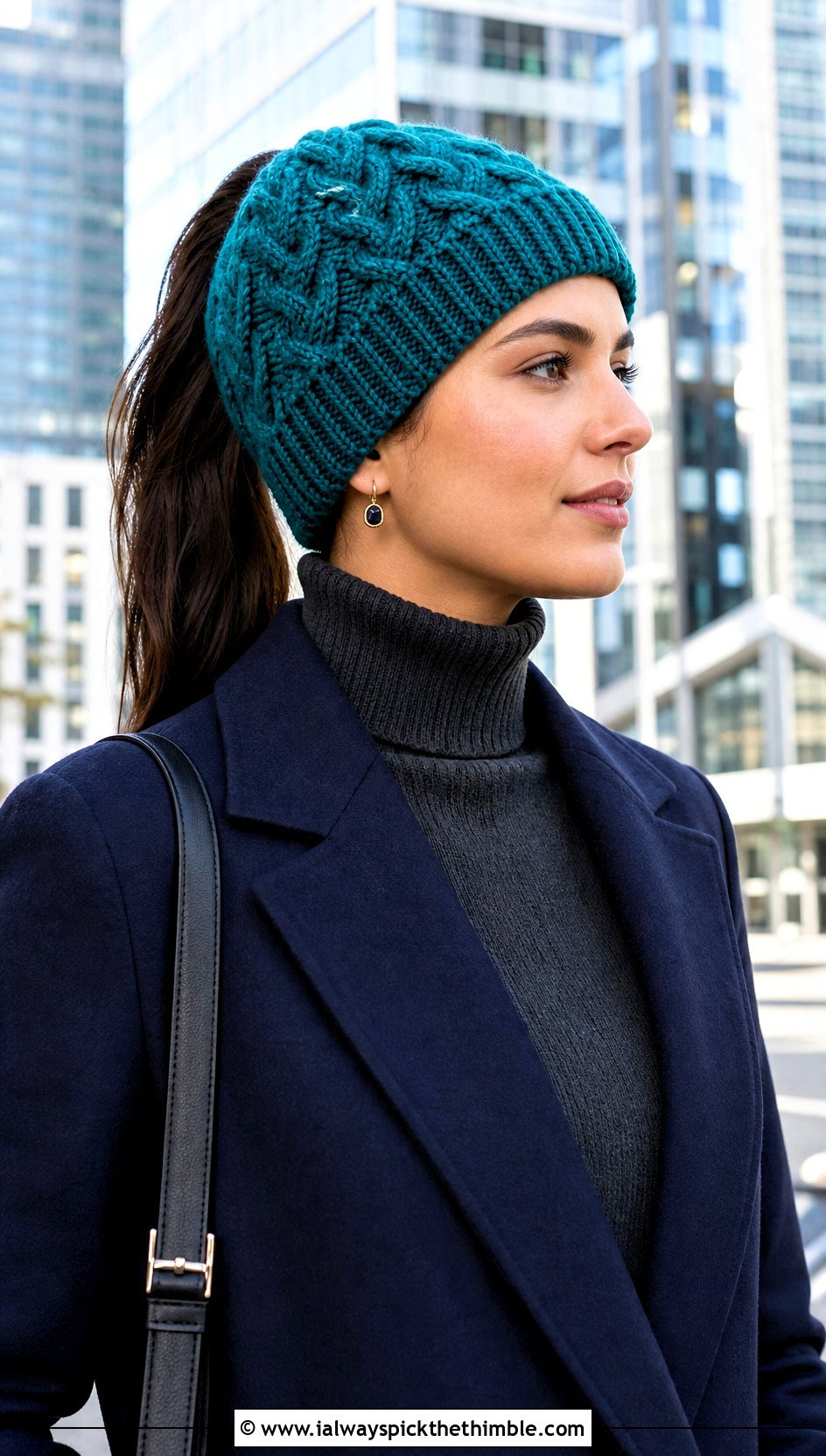 Cable Ponytail Crochet Beanie With Tailored Coat - 20 ponytail crochet hat outfit ideas