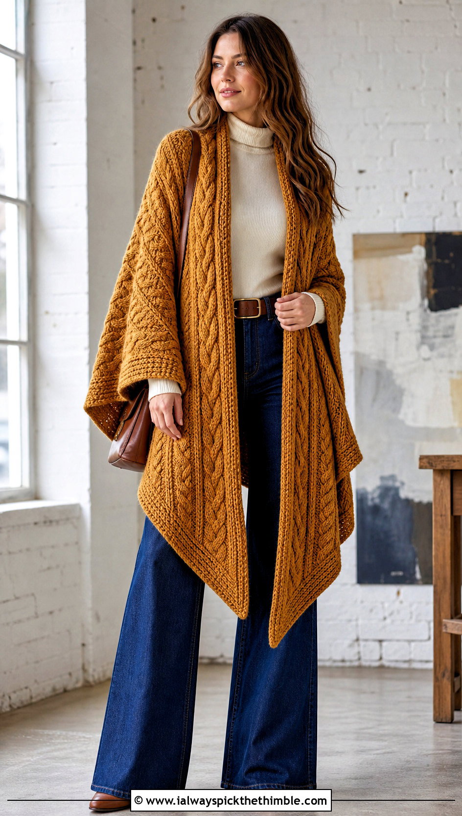 Cable Ruana Shawl With Wide Leg Jeans - 15 Crochet Cable Shawl outfit ideas