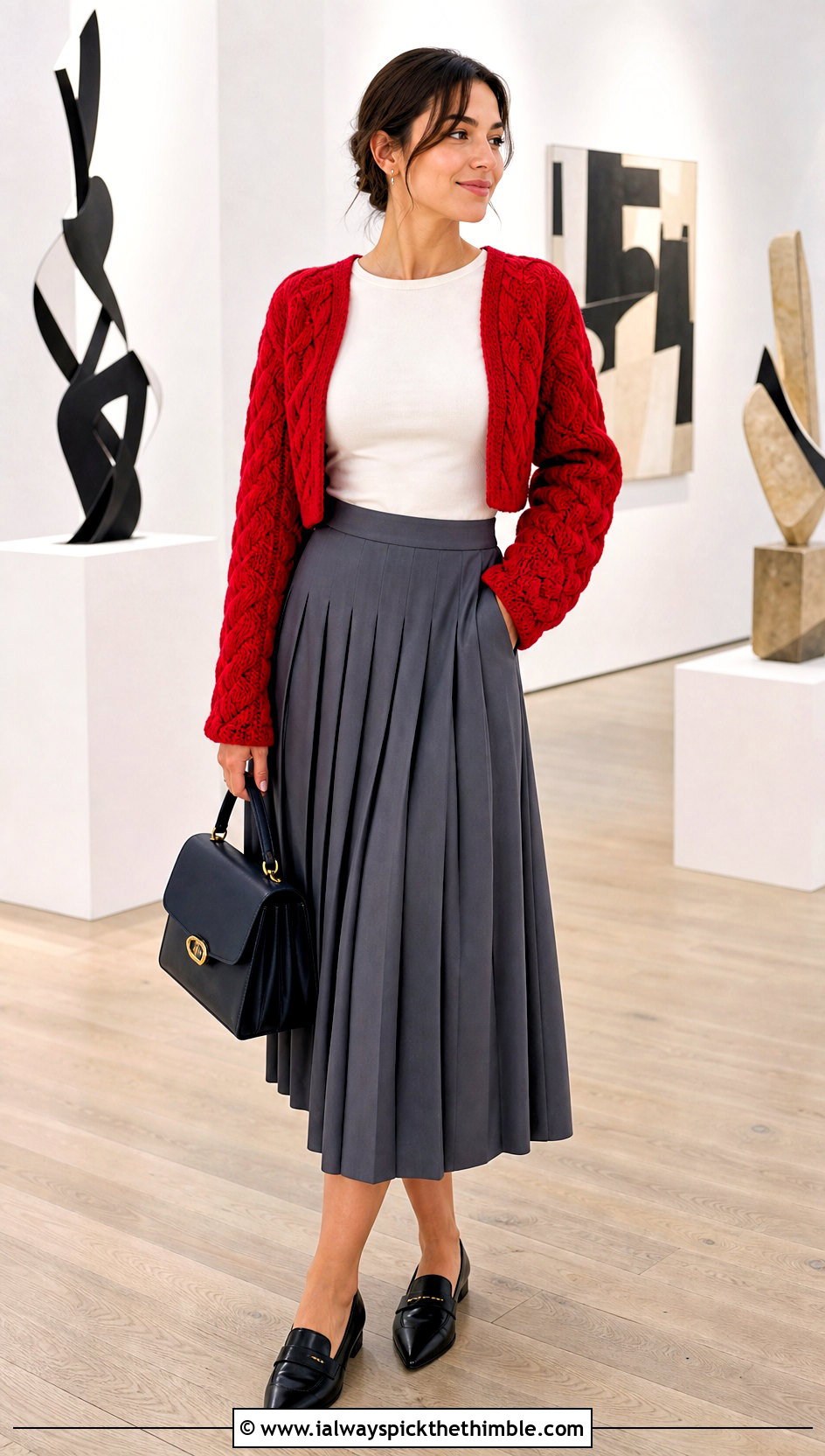 Cable Sleeve Crochet Shrug With Pleated Midi Skirt - 20 cute crochet shrug outfit ideas