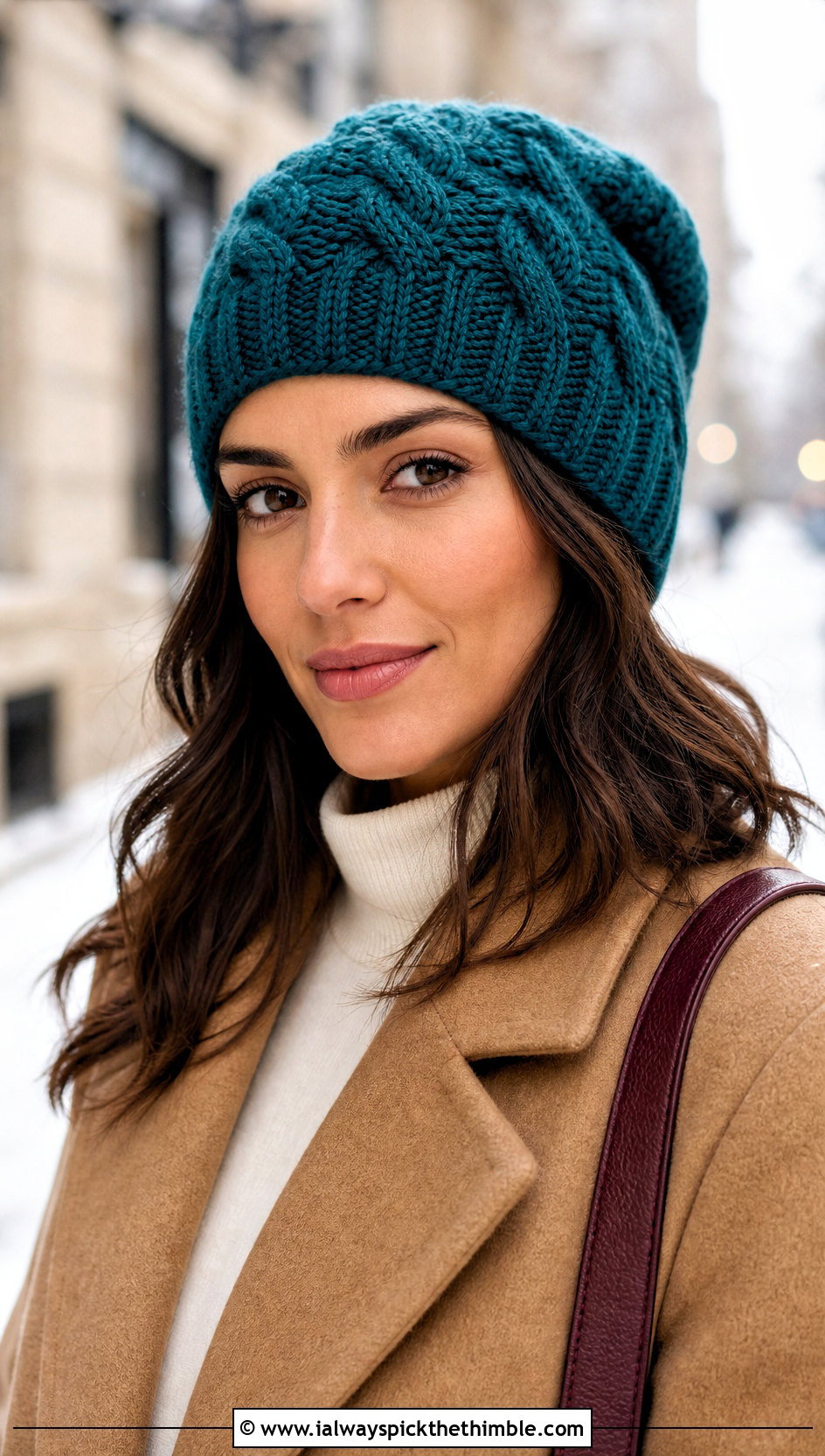 Cable Slightly Slouchy Crochet Beanie With Wool Coat And Trousers - 15 Slightly Slouchy Crochet Hat outfit ideas