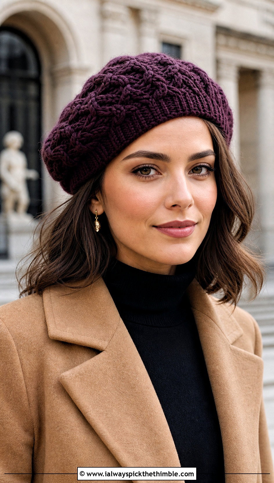 Cable Stitch Beret With Tailored Coat - 20 Crochet Cable Stitch Hat outfit ideas