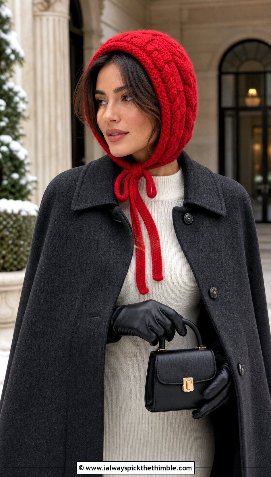 Cable Stitch Bonnet With Wool Cape - 20 Crochet Cable Stitch Hat outfit ideas
