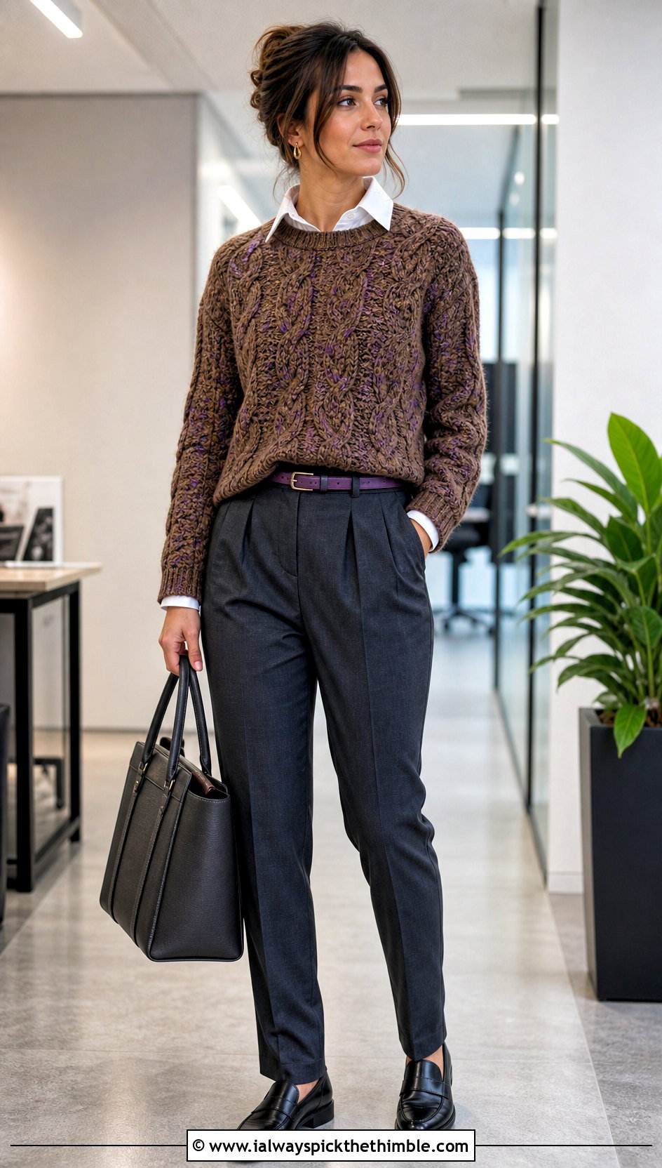 Cable Stitch Brown Crochet Sweater With Pleated Trousers - 25 crochet brown sweater outfit ideas