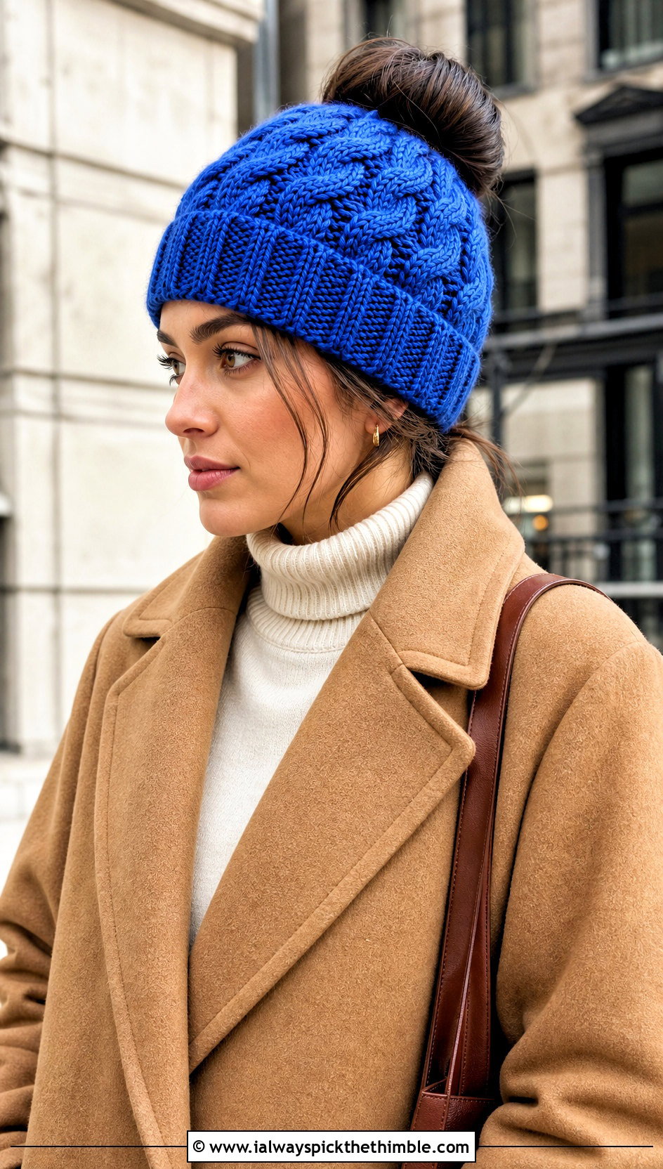 Cable Stitch Bun Beanie With Wool Coat And Trousers - 25 crochet bun hat outfit ideas