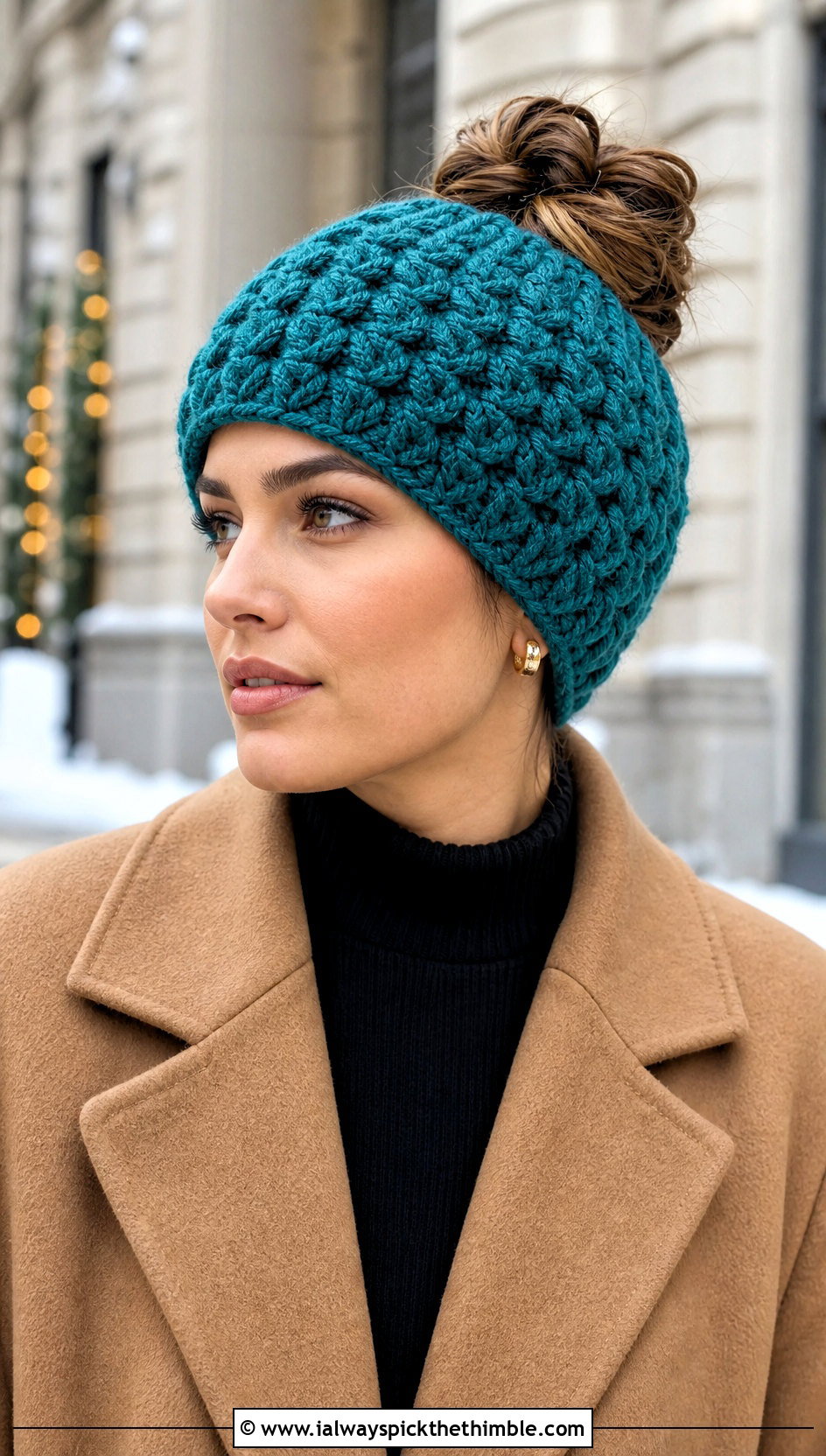 Cable Stitch Bun Crochet Beanie With Wool Coat And Trousers - 20 Bun Crochet Beanie outfit ideas