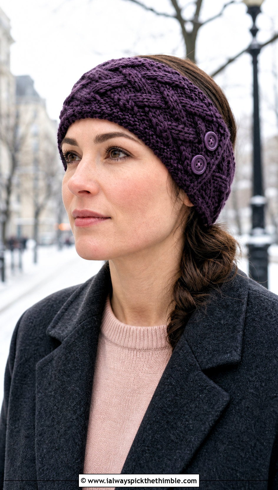 Cable Stitch Button Crochet Ear Warmer With Sweater And Midi Skirt - 15 Crochet Button Headband outfit ideas