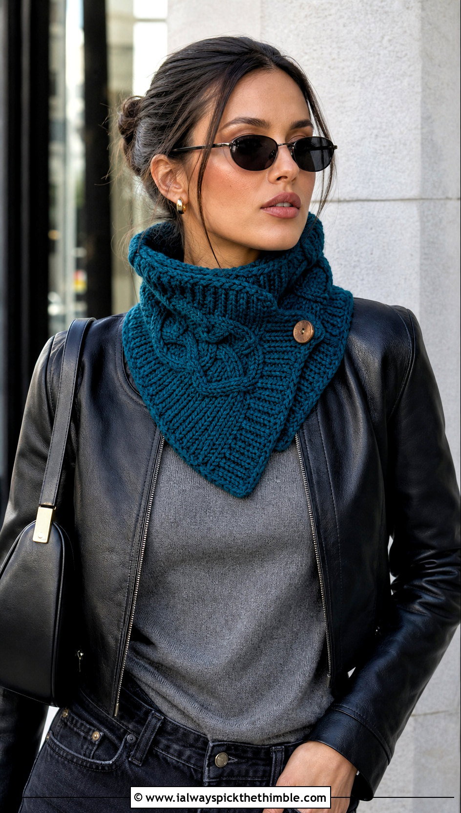 Cable Stitch Button Neck Warmer With Leather Jacket - 15 Button Crochet Scarf outfit ideas