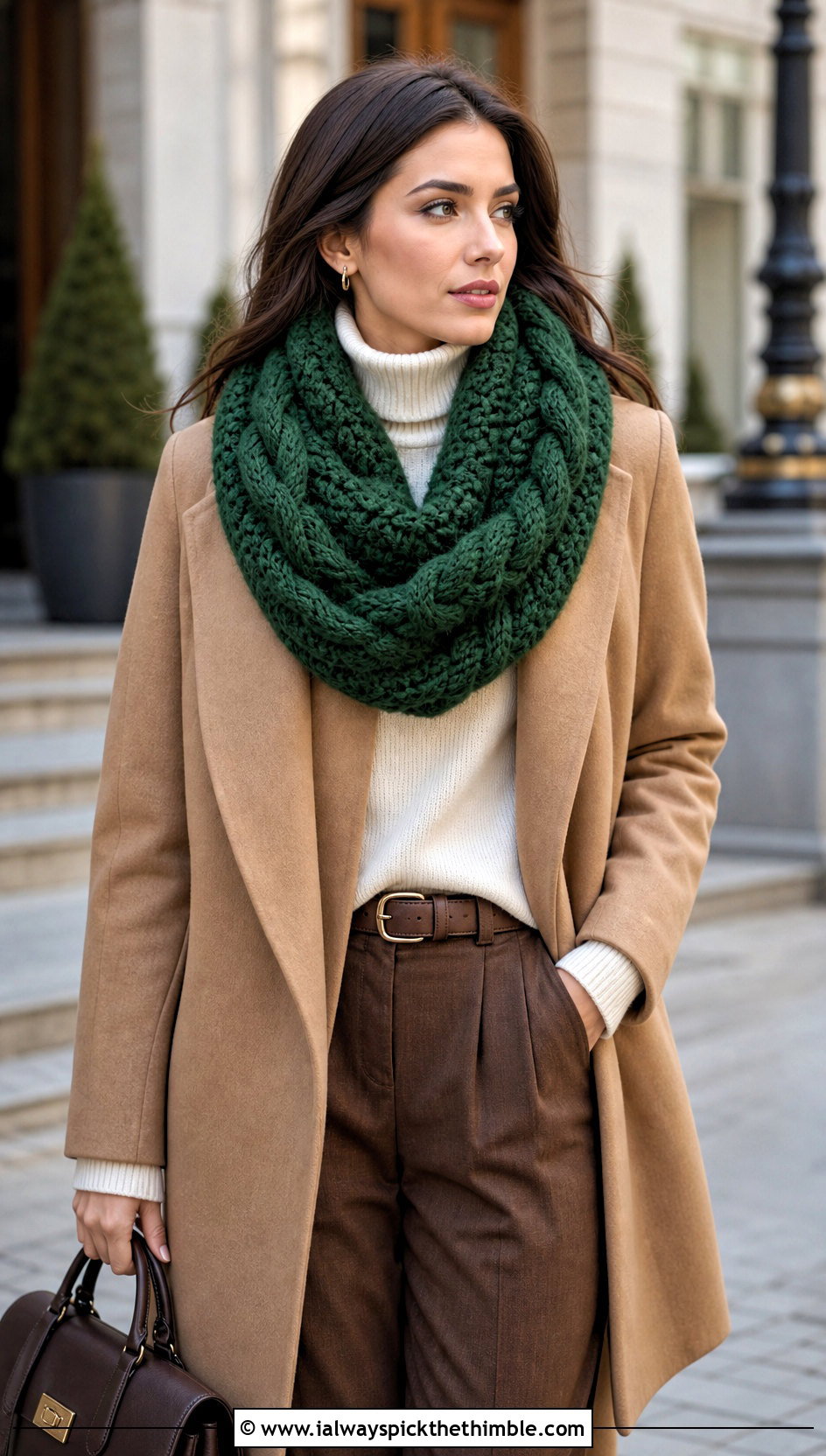 Cable Stitch Chunky Crochet Infinity Scarf With Wool Coat - 20 Chunky Crochet Infinity Scarf outfit ideas