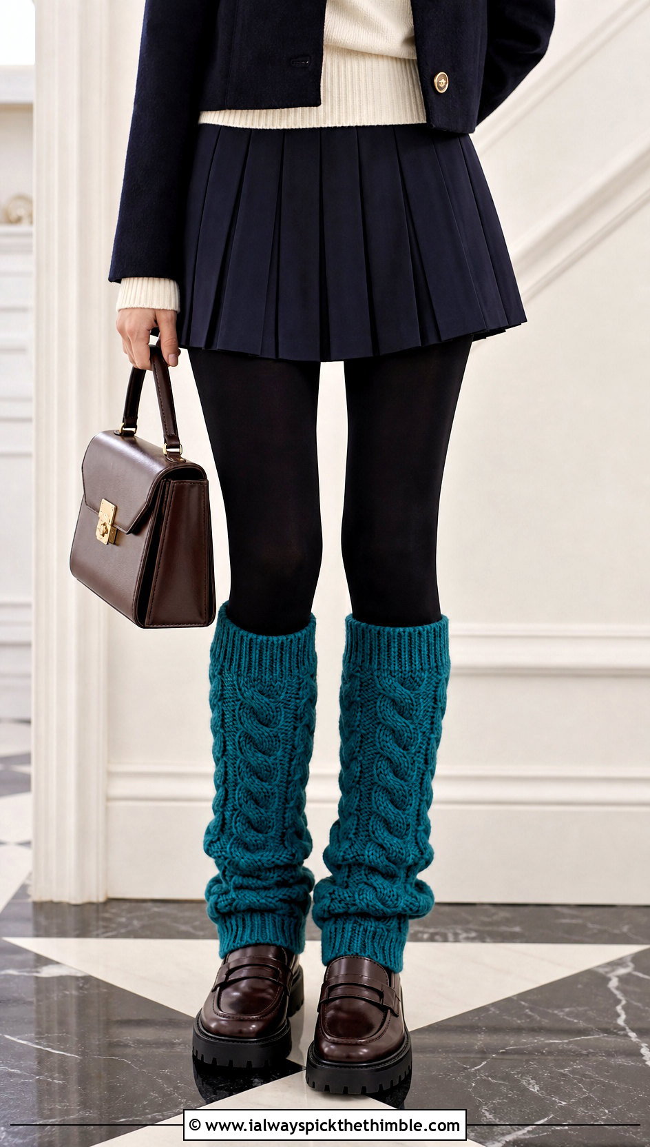 Cable Stitch Chunky Crochet Leg Warmers With Pleated Skirt And Loafers - 20 chunky crochet leg warmers outfit ideas
