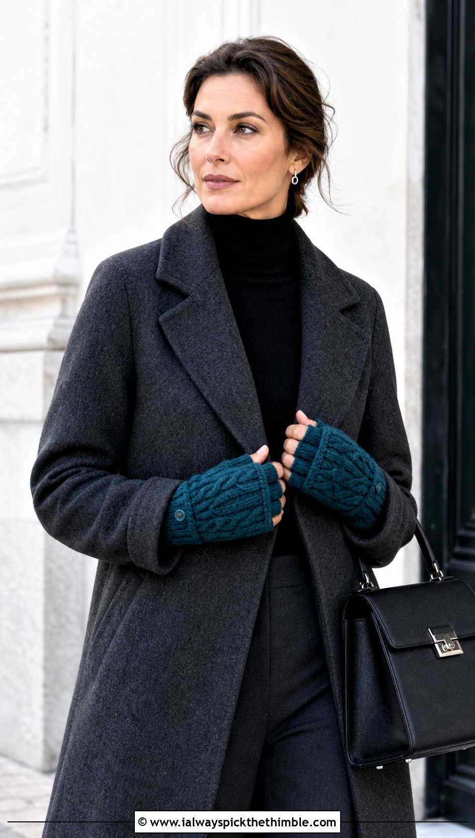 Cable Stitch Convertible Mittens With Wool Coat And Trousers - 20 Crochet Convertible Mittens outfit ideas