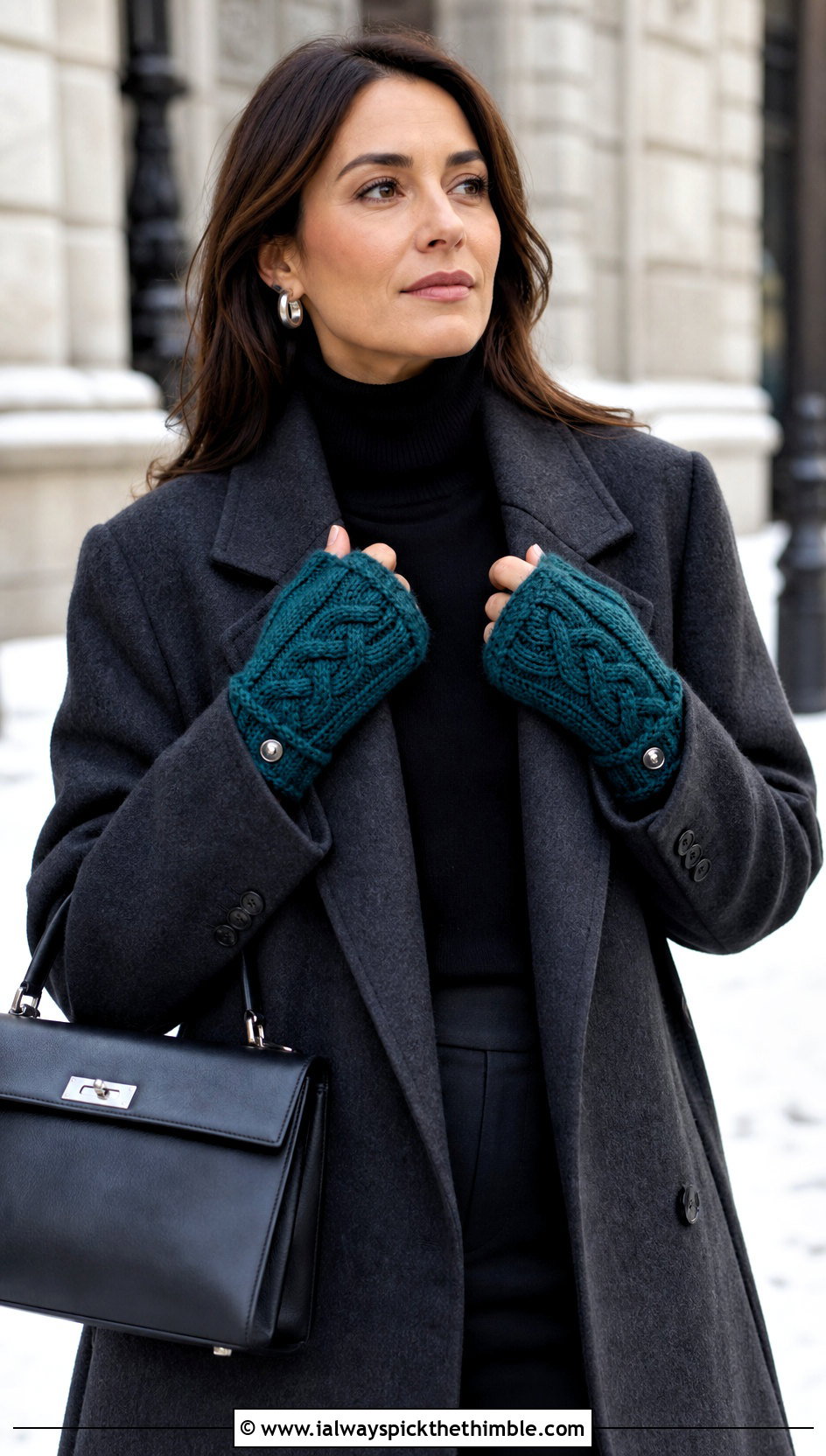 Cable Stitch Convertible Mittens With Wool Coat and Trousers - 20 Convertible Crochet Gloves outfit ideas