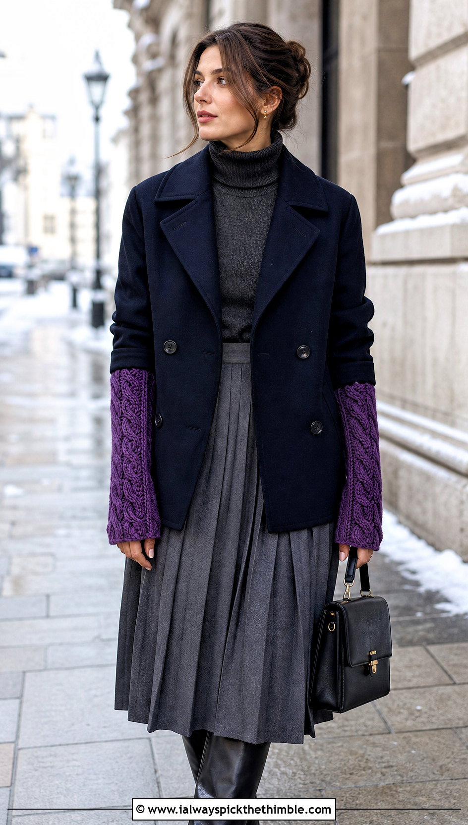 Cable Stitch Crochet Arm Warmers With Peacoat And Midi Skirt - 20 Easy Crochet Arm Warmers outfit ideas