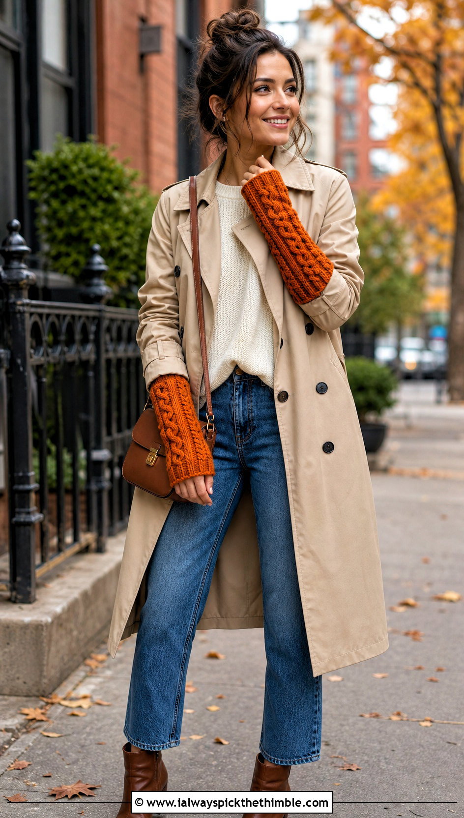 Cable Stitch Crochet Arm Warmers With Trench Coat And Jeans - 20 Crochet Arm Warmer outfit ideas