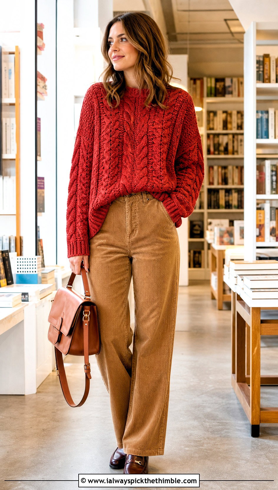 Cable Stitch Crochet Baggy Sweater With Corduroy Pants - 20 crochet baggy sweater outfit ideas
