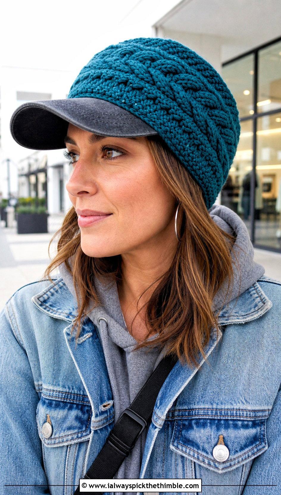 Cable Stitch Crochet Baseball Cap Ear Warmer With Denim Jacket - 20 crochet baseball cap ear warmer outfit ideas