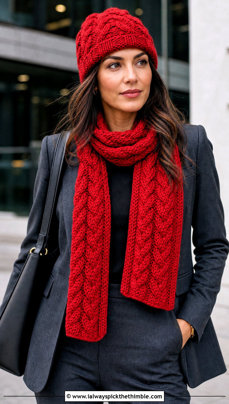 Cable Stitch Crochet Beanie And Scarf Set With Pantsuit - 20 crochet beanie and scarf set outfit ideas